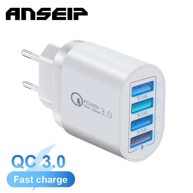 

ANSEIP USB charger 3.1A fast charging EU US UK Plug QC3.0 Wall Charge Adapter 4USB Universal Phone charge plug for iPhone Xiaomi