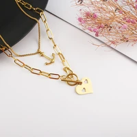 golden anchor heart shaped multilayer necklace stainless steel love pendant holiday travel beach couple jewelry gift