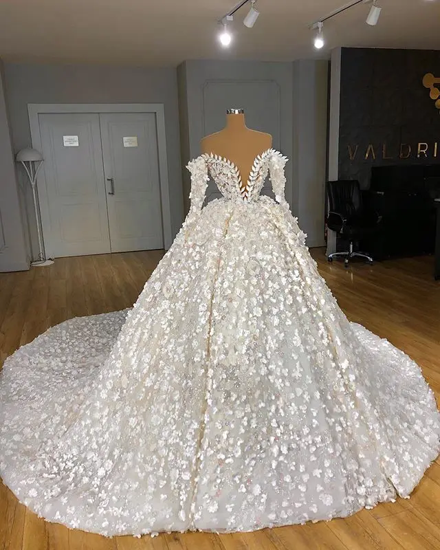 Женское свадебное платье с жемчужинами бальное 3D цветами и глубоким V-образным
