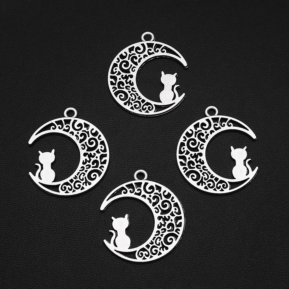15 шт./лот 25x30 мм антикварные посеребренные подвески в виде цветка Луны кота для