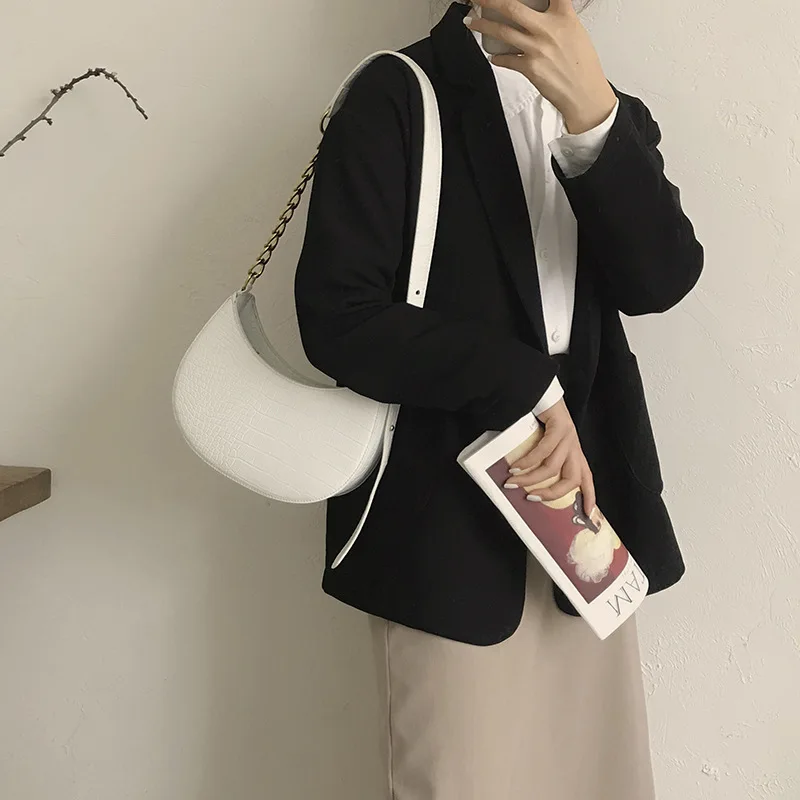 

Stone Pattern Retro Leather Crossbody Bags for Women 2021 Small Shoulder Simple Half Moon Bag Lady Phone Handbags and Purses