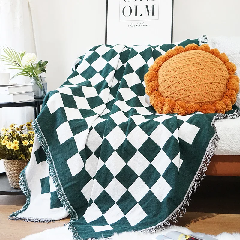 

Retro Checkerboard Plaid Sofa Cover Throw Blanket with Tassel Cotton Thread Knitted Blanket Nap Shawl Bedspread Home Decor