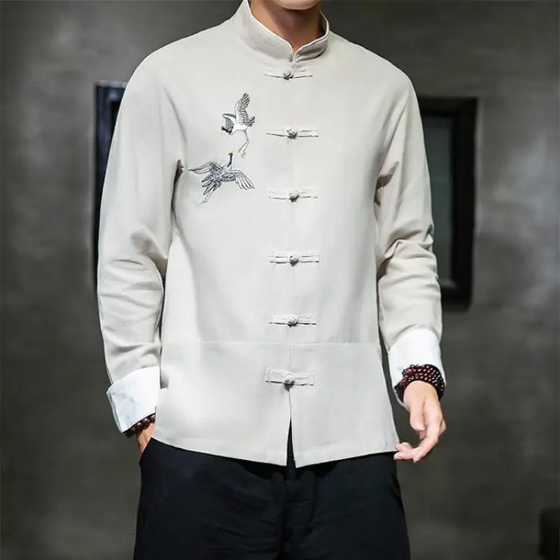 

Plus Size Men Mandarin Collar Frog Button Crane Embroried Streetwear Traditional Clothing Men Long Sleeve Vintage Shirts for Men