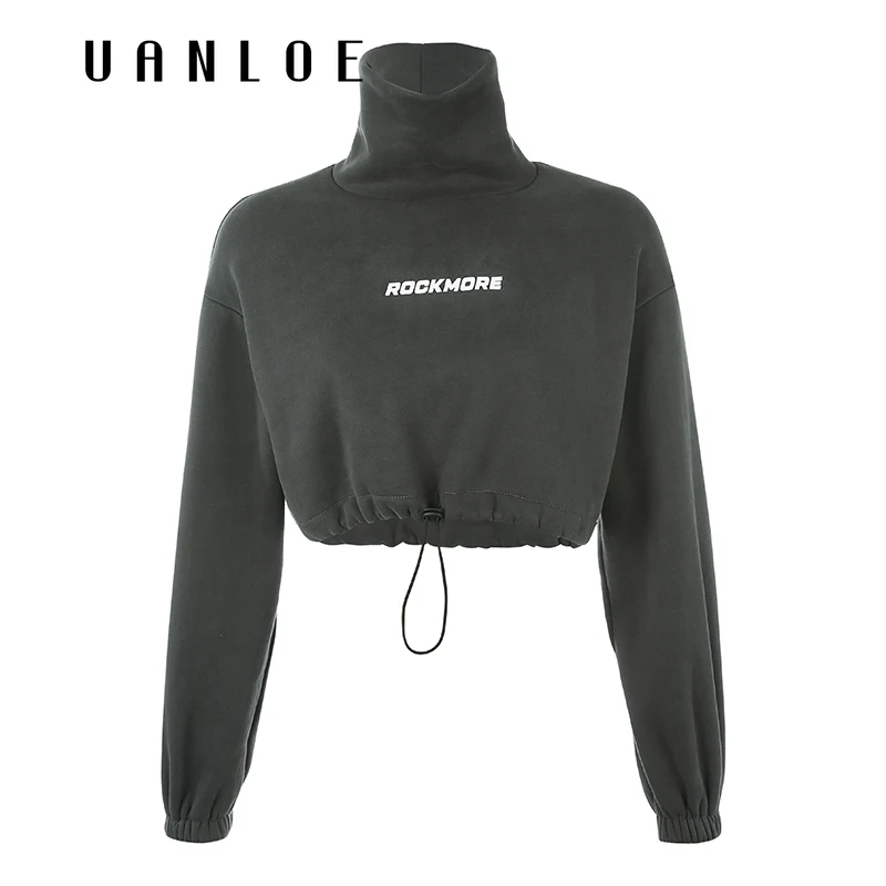 

Letter Print Loose Turtleneck Sweatshirt Adjustable Waist Streetwear Pullover Hoodies Crop Top 2020