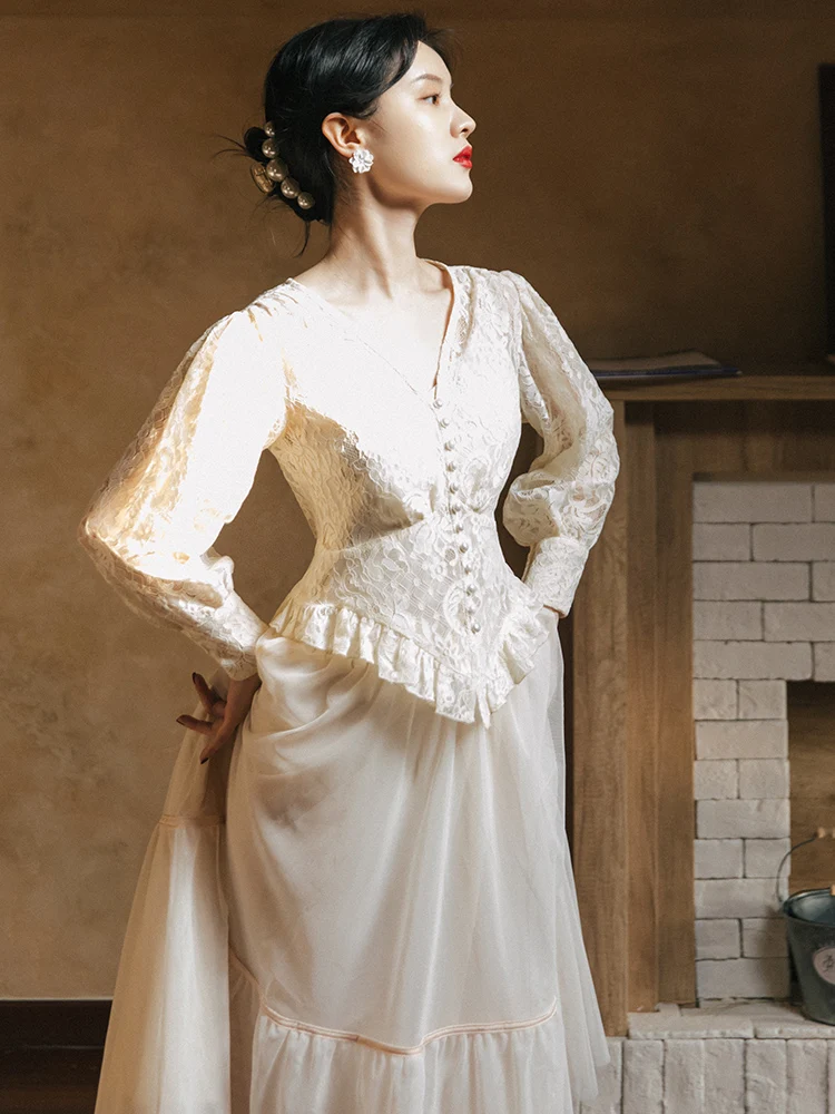 

Modern Vintage Style Outfits Retro Lantern Sleeve Ruffles Elegant Lace Shirt Blouse Tops & Long Mesh Skirt 2 Piece Set Women