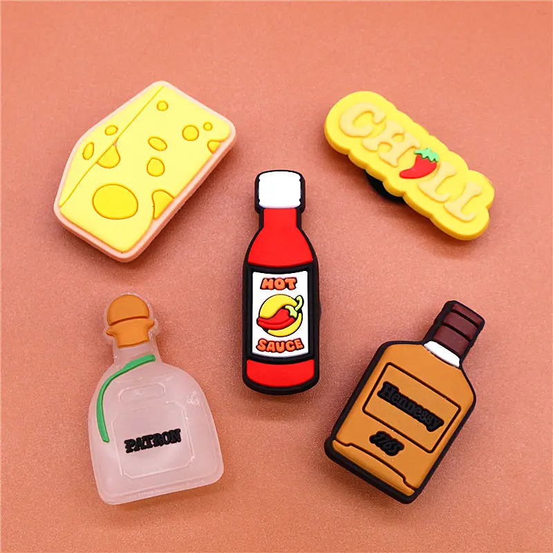 Freeshipping 1pcs Wine Bottle Shoe Charms Cheese Chili Sauce Shoes Accessories Decoration Fit Croc Jibz Party Kids Gifts U229