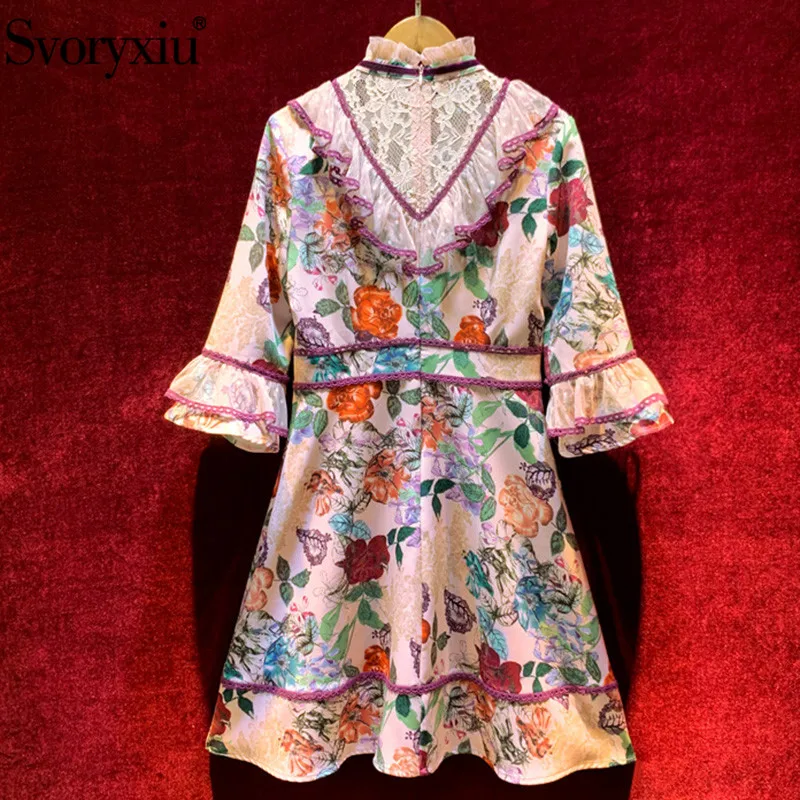 Svoryxiu High End Винтаж Платье с цветочным принтом Для женщин Flare SleeveTiered кружевным гофрированным воротником осень вечерние взлетно-посадочной полосы мини платье vestdios