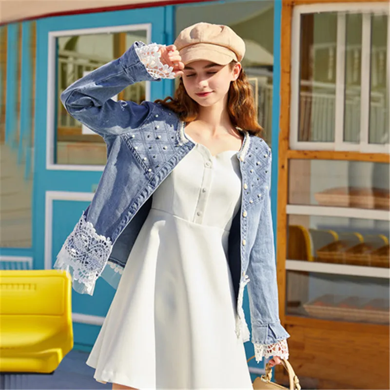 RUGOD/Модная Джинсовая куртка с жемчугом и бусинами женское элегантное кружевное