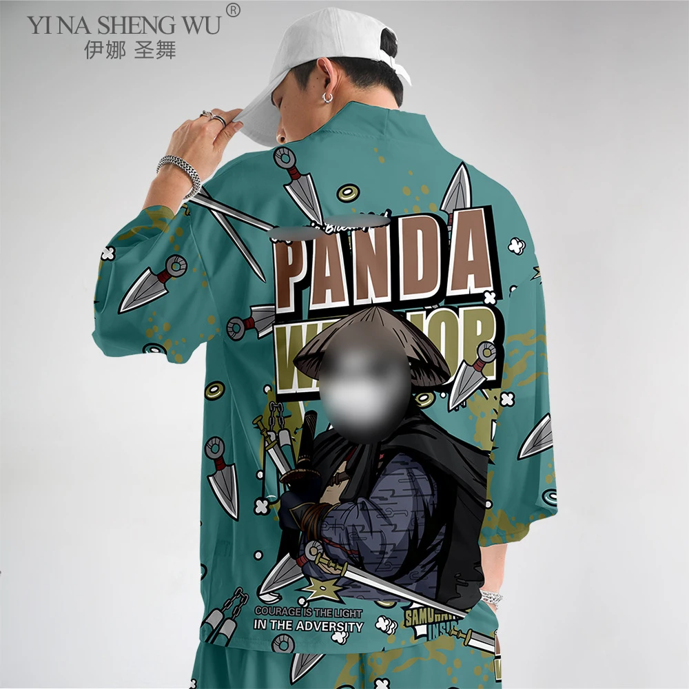 Мужской японский кимоно самурай винтаж Юката кардиган в китайском стиле с принтом Хараджуку Хаори уличной моды городского костюма