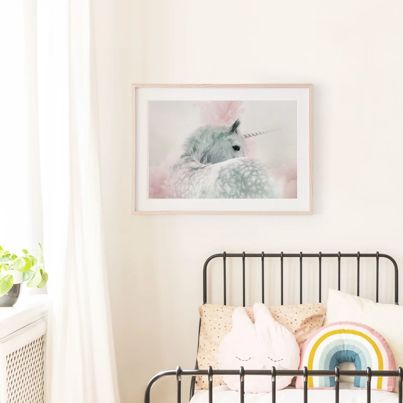 Для девочек Спальня украшения Единорог Детская Wall Art печати и плакат розовый