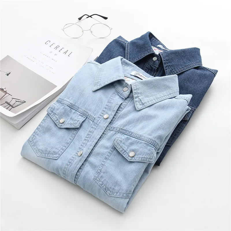 Женская джинсовая рубашка с длинным рукавом весна размера плюс