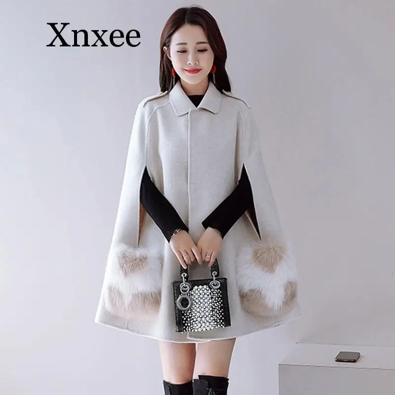 Женское шерстяное пальто-накидка с отложным воротником элегантное пончо и