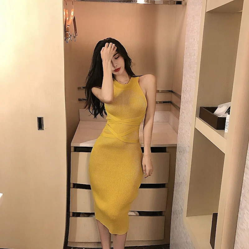 Женское трикотажное Бандажное платье Новое сексуальное облегающее с воротником
