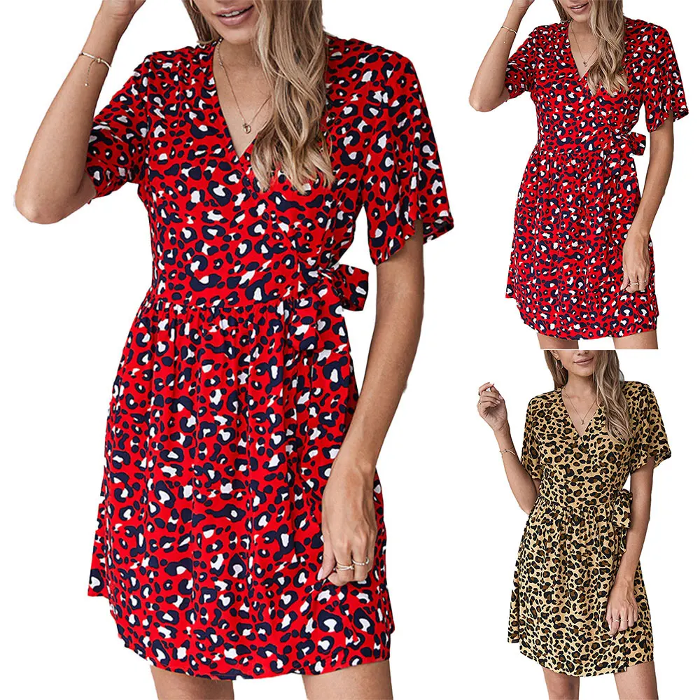 

Leopard Womens Print Sexy V Neck Vestidos A Line Midi Dress Summer Short Sleeve Elegant Holiday Party Sundress