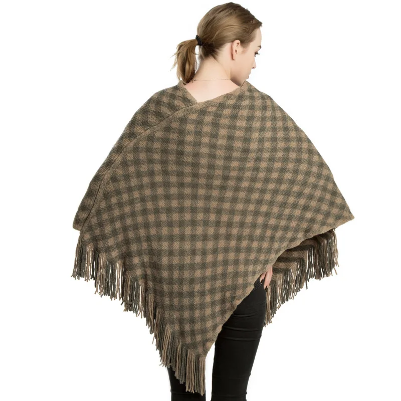 Классическое клетчатое зимнее пончо вязаный пуловер для женщин модная шаль