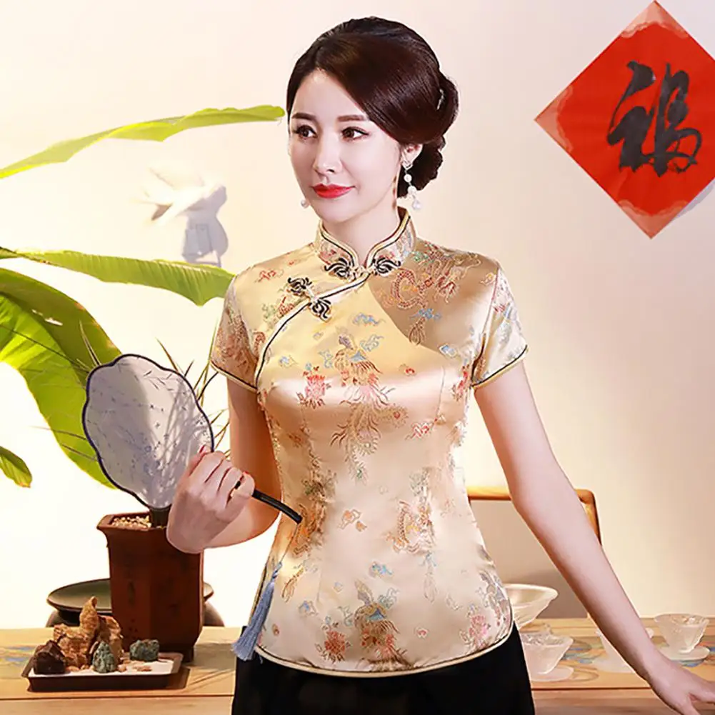 

Women Chinese Short Sleeve Stand Collar Dragon Phoenix Print Ethnic Blouse Shirt