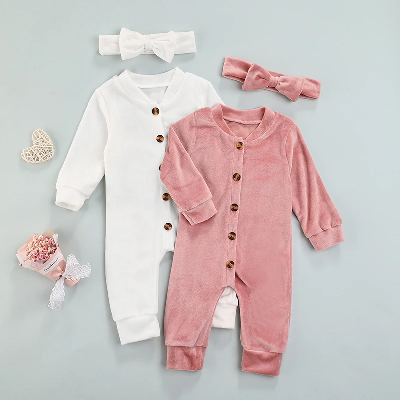 

Комбинезон для новорожденных девочек, однотонный комбинезон с длинным рукавом для малышей, комбинезон на пуговицах для детей 0-18 месяцев, бе...