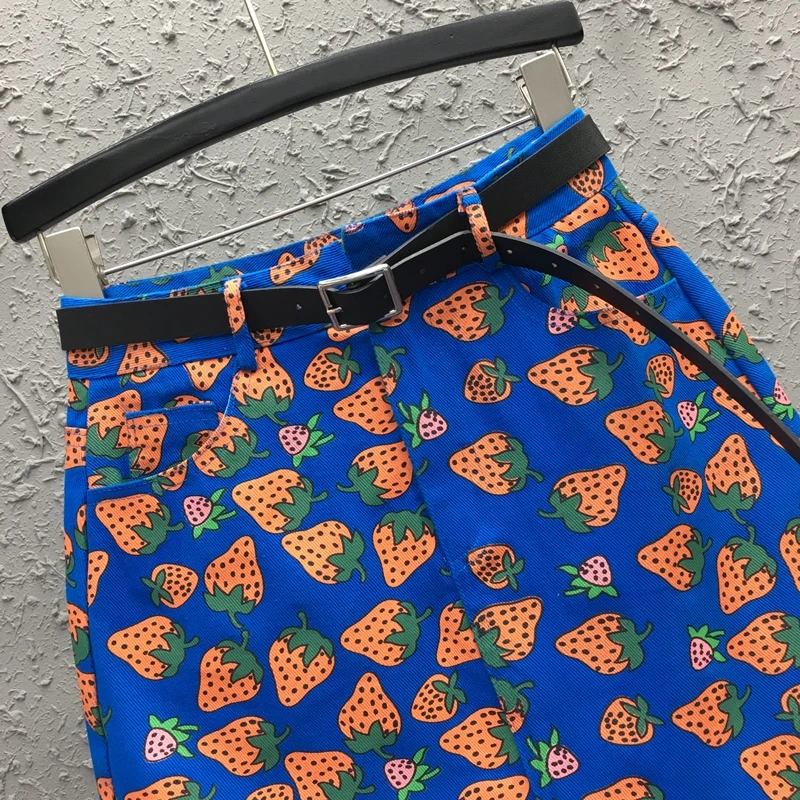 

Women Print Skirts A-Line Mini-Length High Waist Pockets Zippers New Fashion Casual Korean Summer Woman Hole Wrap Denim Skirt