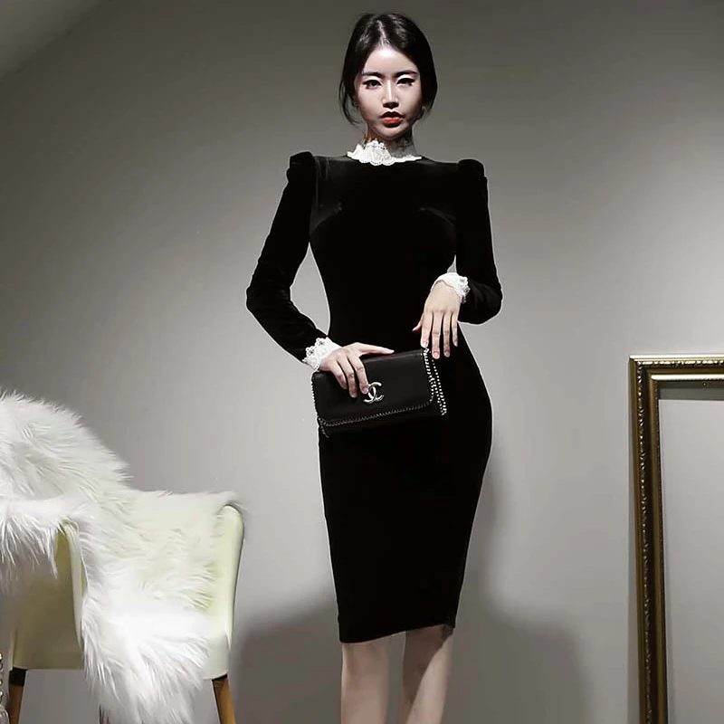 

Новое Элегантное женское платье в Корейском стиле с воротником-стойкой, кружевное тонкое приталенное платье контрастных цветов, модное пла...