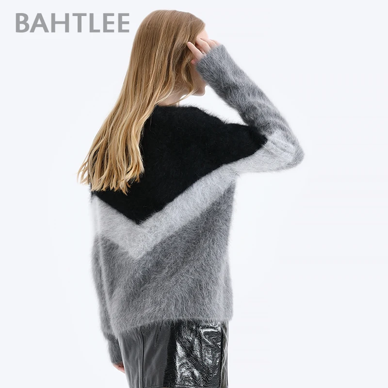 BAHTLEE Women Angora V-neck Pullovers Sweater Autumn Winter Wool Knitted Geometric Designs Jumper Long Sleeves Loose style