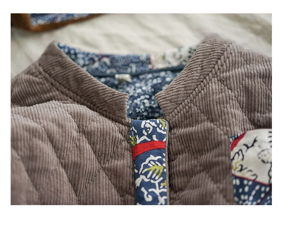 

2019 Winter Women Casual Ethnic Style Corduroy Denim Pacthwork Jacket Thicken Stand Collar Cotton parka Vintage Short Coat tops