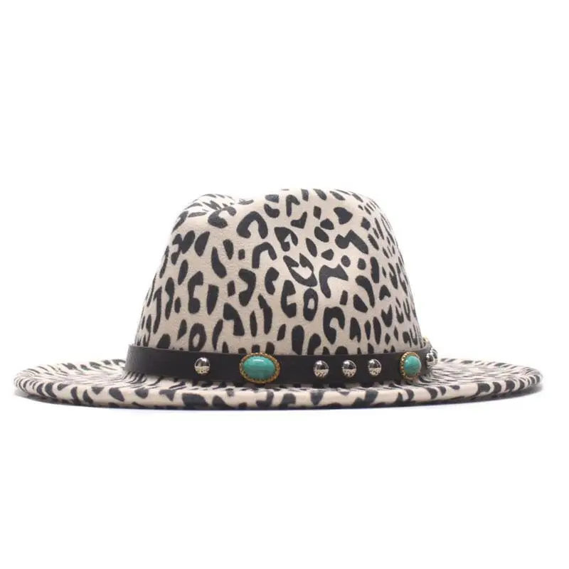 

Men Women Leopard Fedora Hat Wide Brim Wool Felt Panama Hats With Belt Buckle Jazz Trilby Cap Black Formal Caps Chapeau Femme