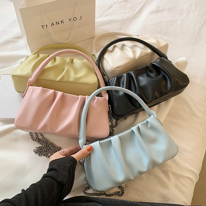 

Folds Design Small Solid Color PU Leather Crossbody Bags for Women 2021 Luxury Branded Fashion Travel Shoulder Handbags