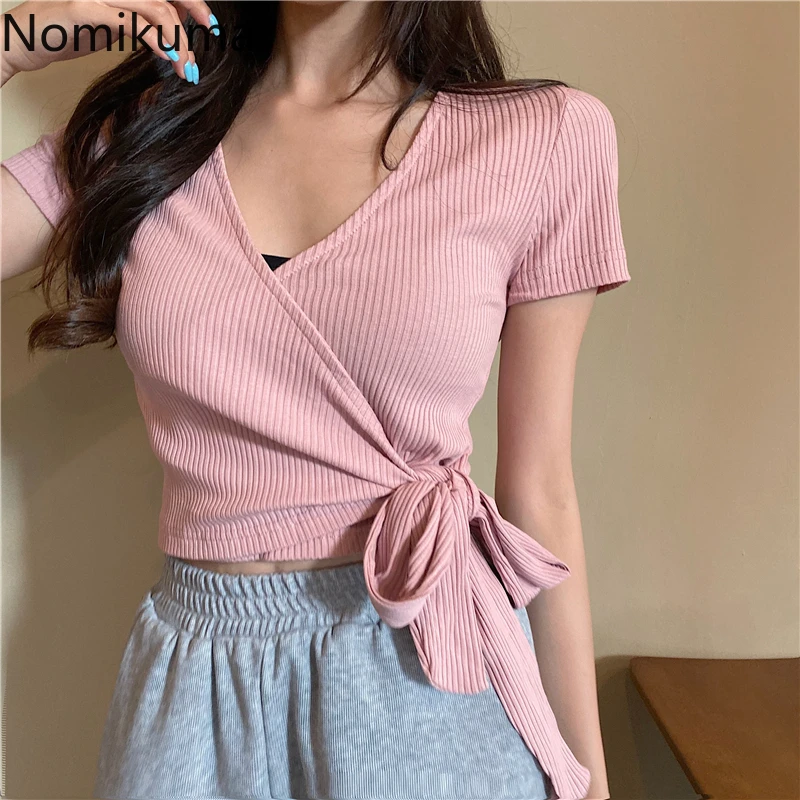Женская футболка с коротким рукавом Nomikuma винтажная облегающая глубоким v