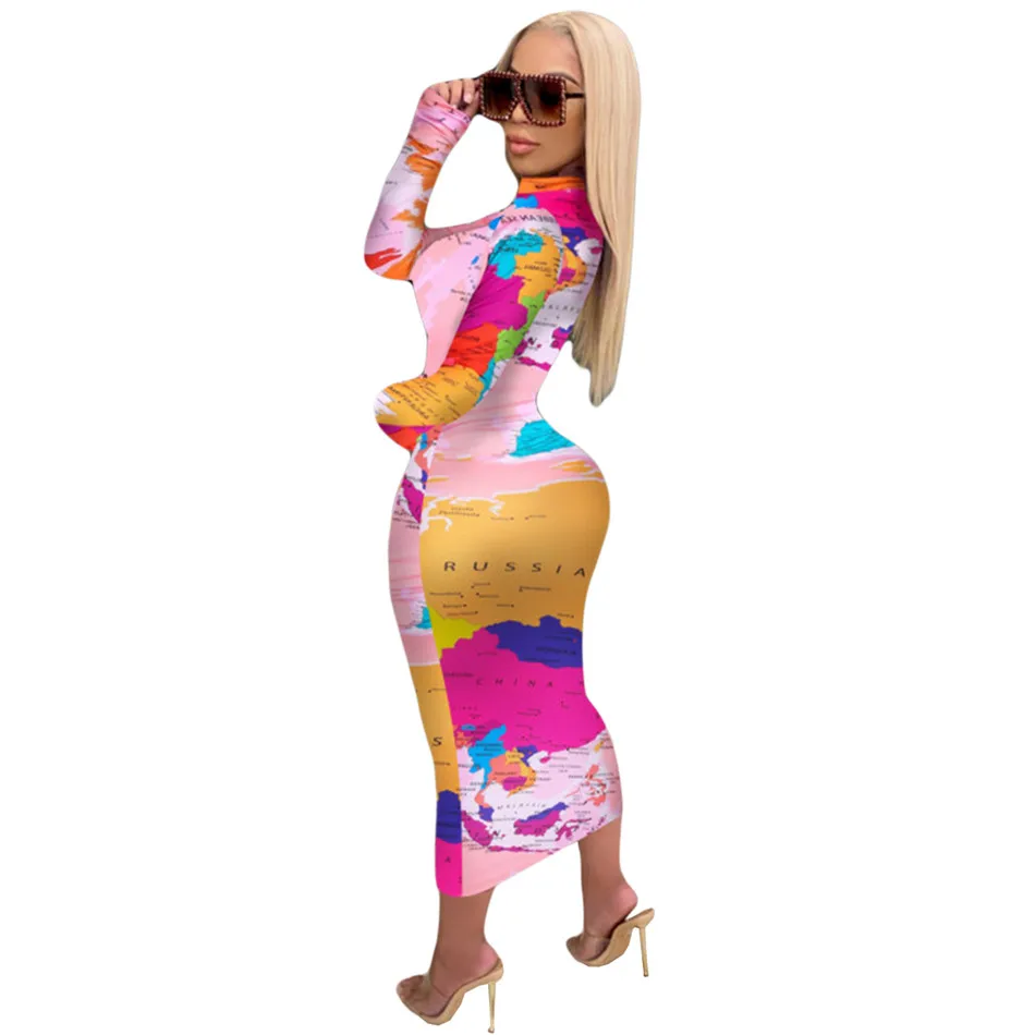 

Women Dress Fashion Map Print Bodycon Ankle Length Full Sleeve Pencil Dress Autumn New Sexy Nightclub Wear Vestidos