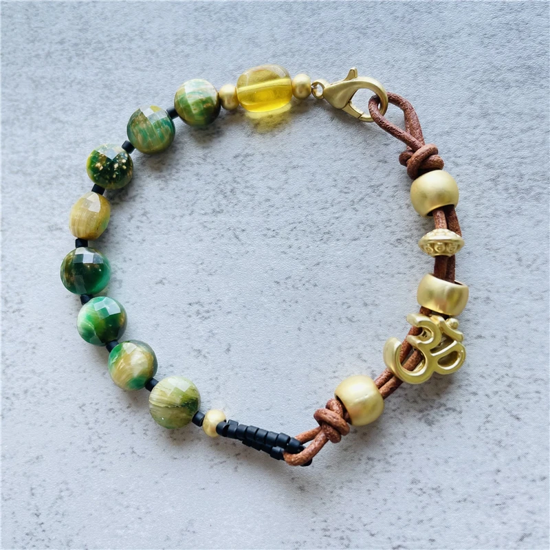

Fashion Designer Leather Jewelry Green Tiger-eye Beaded Bracelets for Women Strand Bracelet Woman's Gold Bracelets Accessories