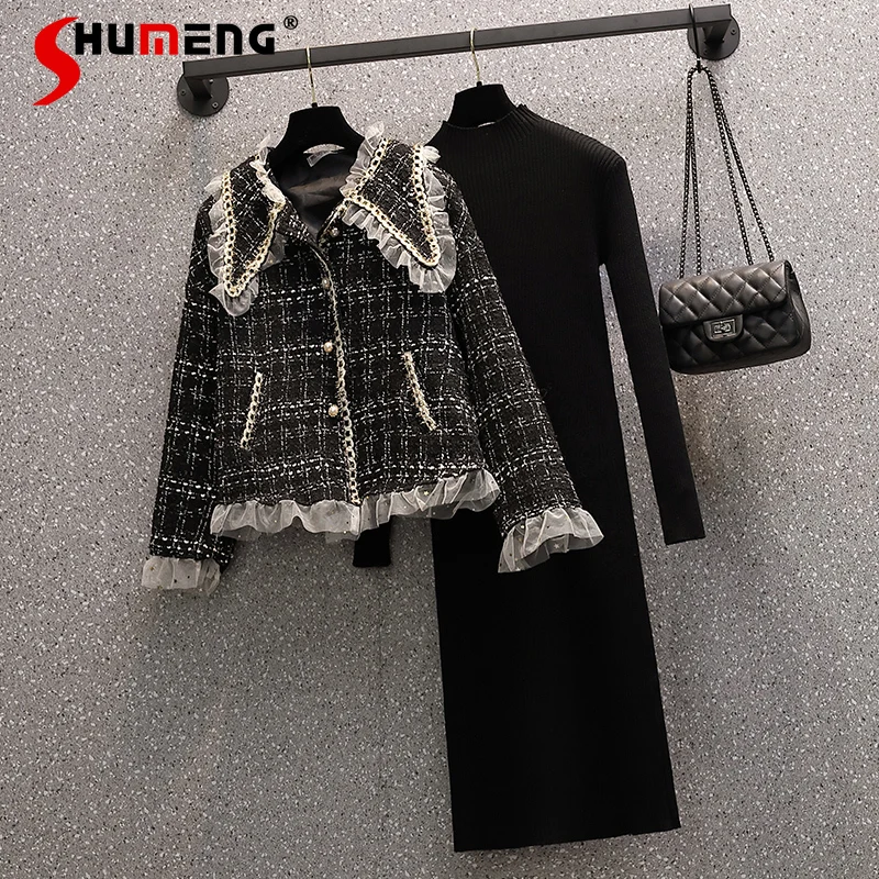 

Oversized Fall Clothing Women's 2021 New Plaid Gauze Stitching Lapel Collar Long Sleeve Coat Black Dress Two-Piece Suit Fashion