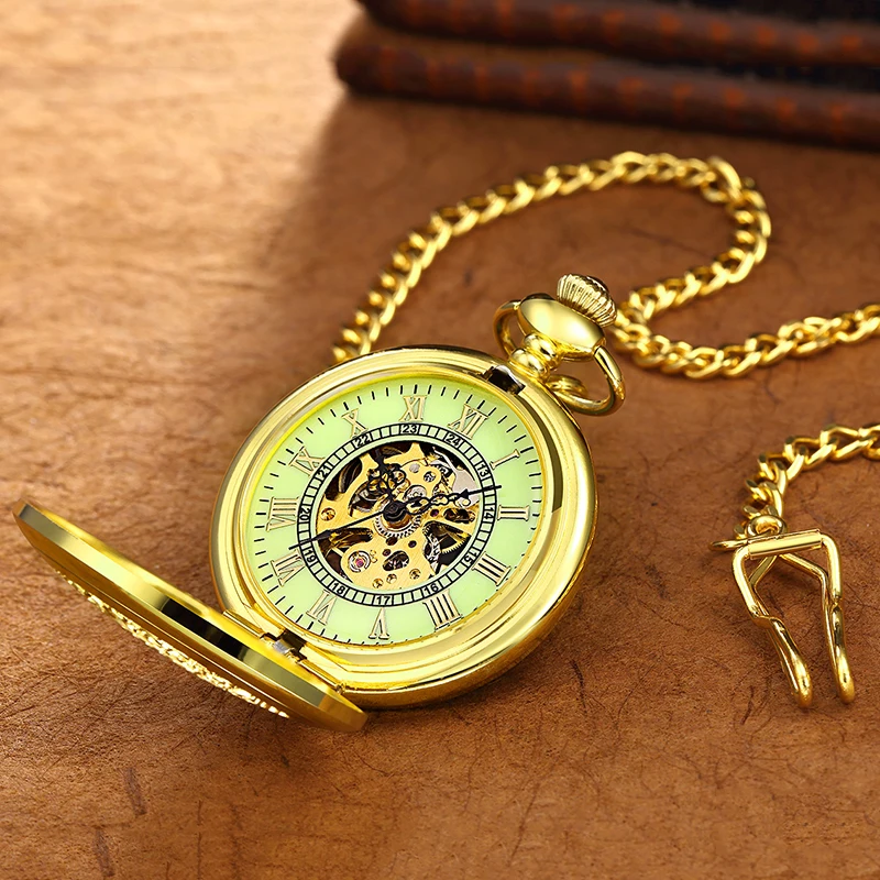 Roman Numeral Luxury Mechanical Pocket Watch Golden Skeleton Case Luminous Dial Male Fob Chain Clock for Men Women Dropshipping