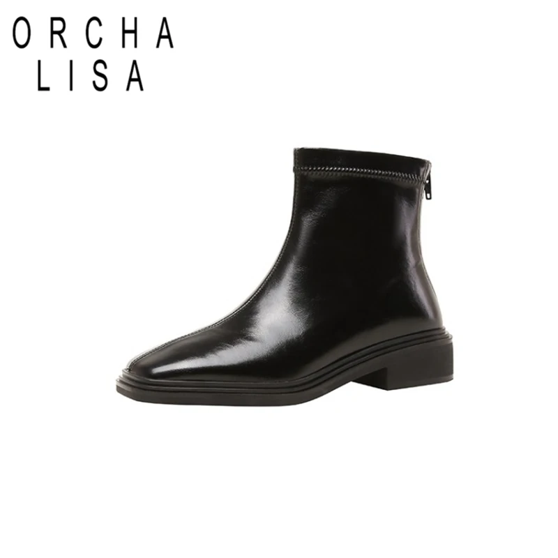 

ORCHA LISA 2021 Woman's Soft Leather Stretchy Ankle Boots Square Toe Low Block Heels Rubber Zipper EU Size 34-41 Autumn S2618
