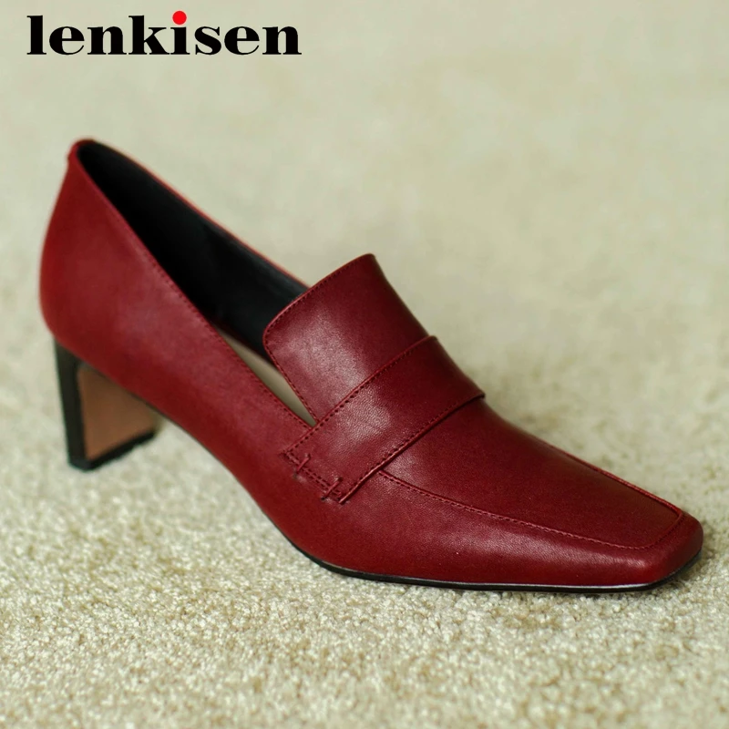 

Lenkisen korean streetwear real cow leather fashion style square toe high heel slip on office lady gorgeous cozy women pumps L01