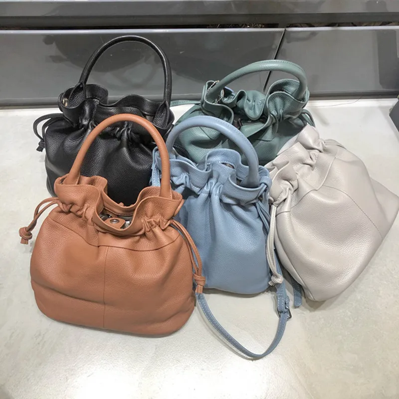 

New Genuine Leather Bucket Bags Classic Fashion Cowhide Crossbody Shoulder Bags Female Bag Ladies Bag Purse Mobile Phone Bag