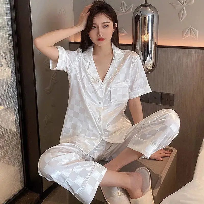 

High Sense Pajamas Women ice Silk Summer White Plaid New Short-Sleeved Trousers Home Service Female Casual Homewear Pajama Set