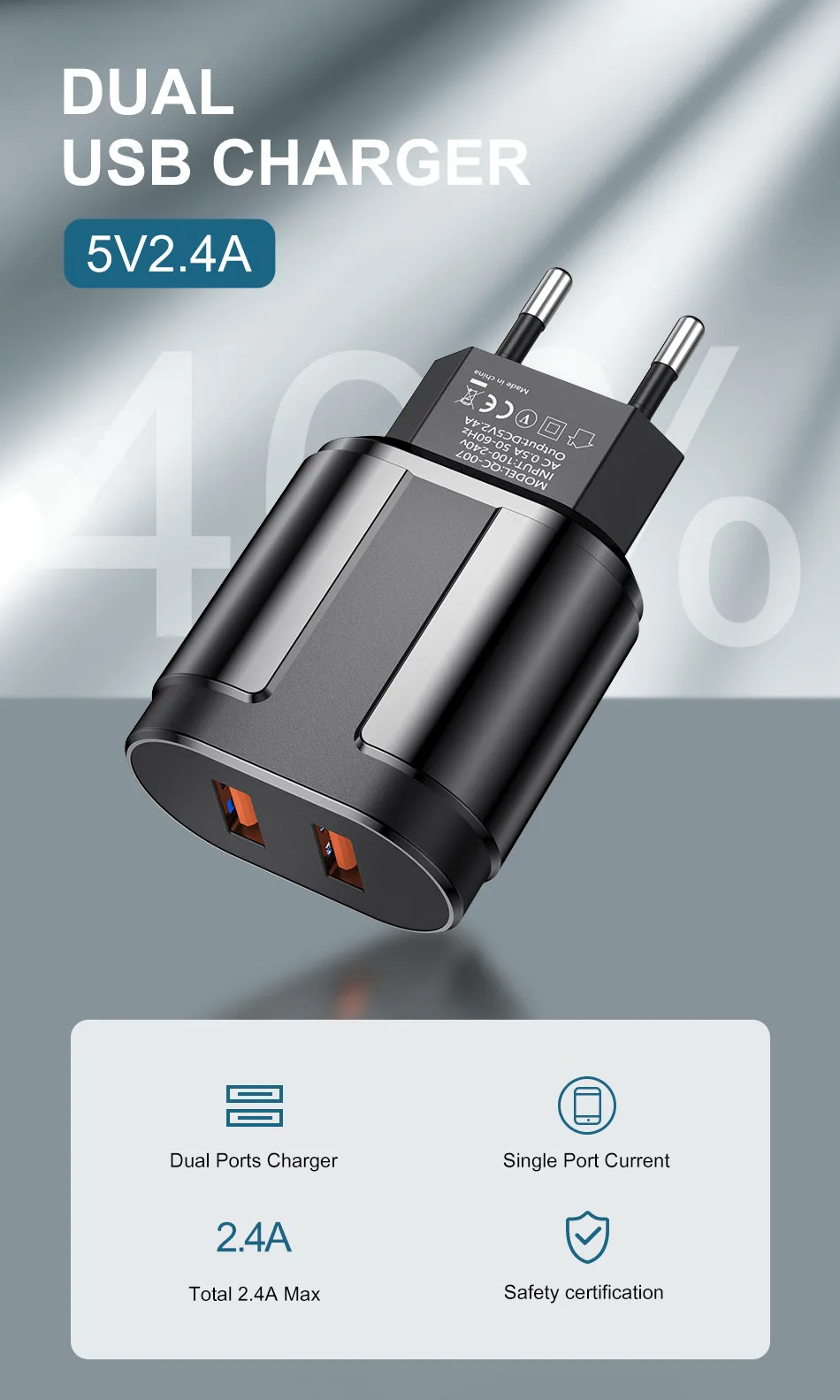 USLION Dual USB зарядное устройство 5 В 2.4A Быстрая зарядка стены мобильного телефона зарядное устройство для iPhone samsung Xiaomi Портативный ЕС США штекер Адаптер