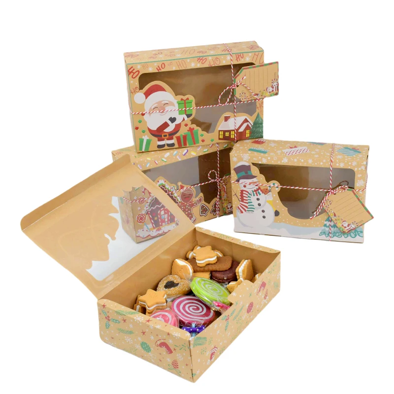 

3pcs/Pack Kraft Paper Christmas Cookie Box with Rope Label Tags Christmas New Year Gift Boxes Candy Cookies Biscuit Packaging