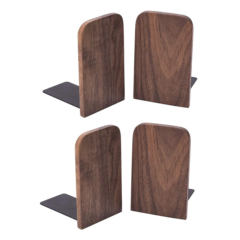 

4Pcs Wooden Bookends with Metal Base Heavy Duty Black Walnut Book Stand with Anti-Skid Dots for Office Desktop