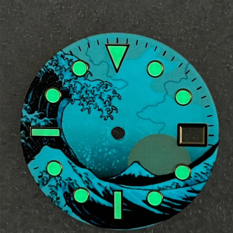 Watch parts 28.5mm Blue Luminous Kanagawa Watch Dial Suitable For NH35/36 Automatic Movement