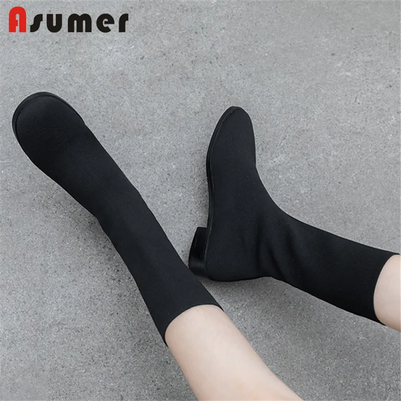 Женские ботильоны на квадратном каблуке ASUMER черные эластичные ботинки до