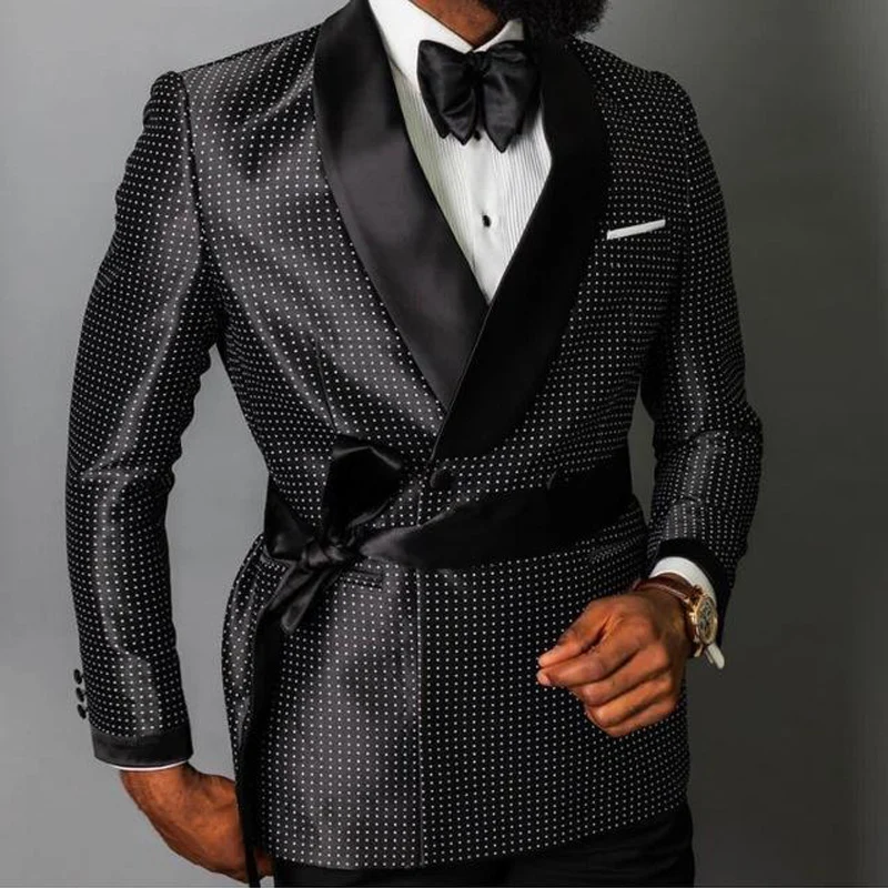 

Double Breasted Dots Men Suits with Belt Slim fit Wedding Tuxedo for Groomsmen 2 piece Man Fashion Set Jacket with Black Pants