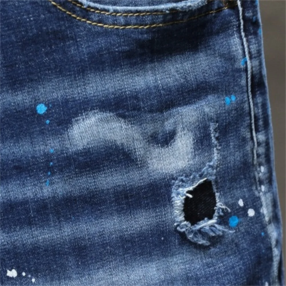 EH·MD® Ripped Plaid Lined Jeans Men's Inkjet White Paint Dots Soft Fabric Casual Loose Cotton Elastic Pants Badge Red Ear 2021