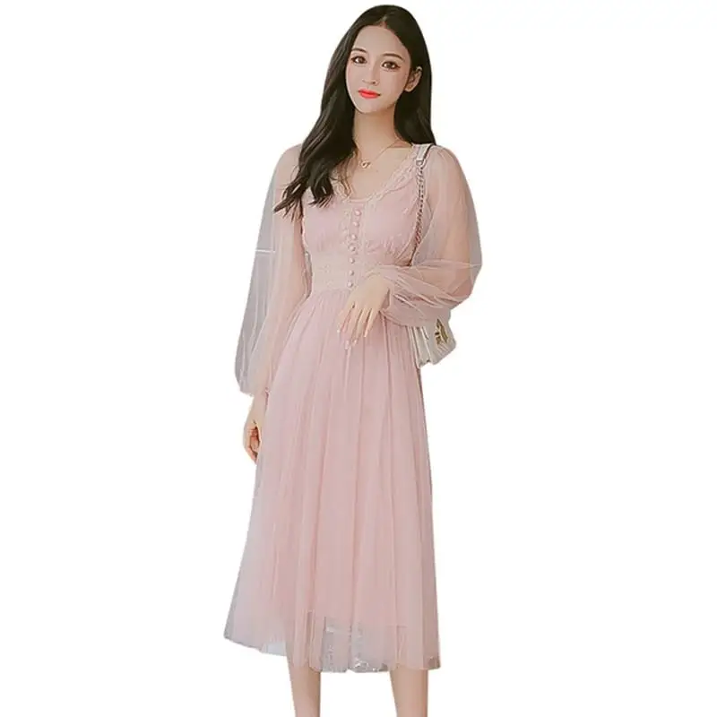 

2019 New Fashion High Waist Autumn Lace Dress Long Sleeve Mesh Casual Long Dress Chic Women Party Dress Female Vestidos S-XL