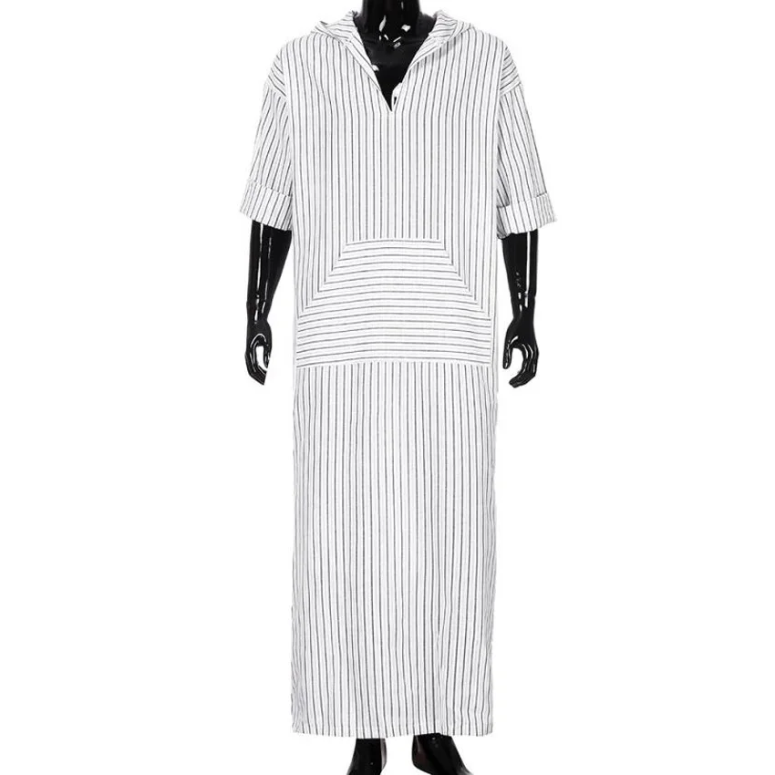 Мужская льняная одежда в полоску с капюшоном и длинными рукавами стиле ретро