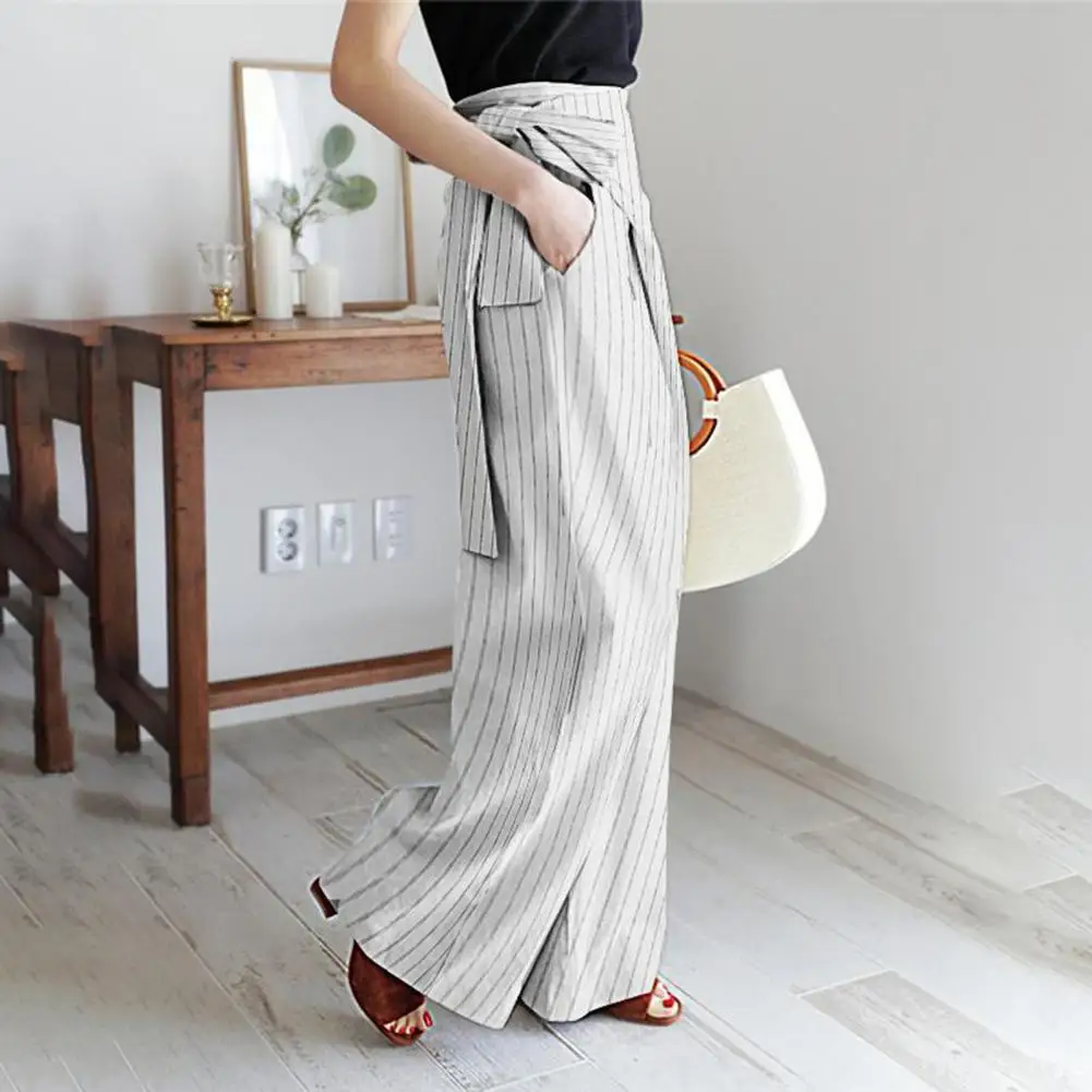 

Pants Stripes Wide Leg Slacks Women High Waist Pockets Bandage Trousers for Work