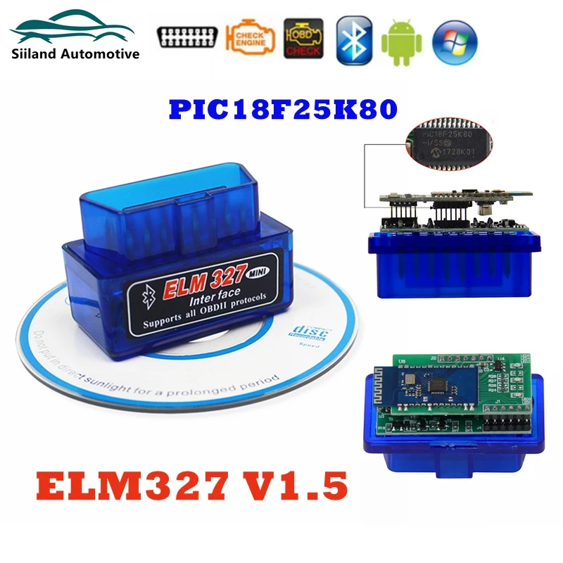 

Сканер Elm327 v1.5 Obd2, совместимый с BT, с чипом PIC18F25K80, считыватель кодов OBD2 V1.5 ELM 327, автомобильный диагностический инструмент для Android/ПК