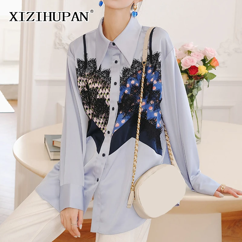 

XIZIHUPAN Vintage Patchwork Lace Women's Shirt Peaked Lapel Long Sleeve Fake Two Colorblock Loose Blouses Female 2021 Fashion