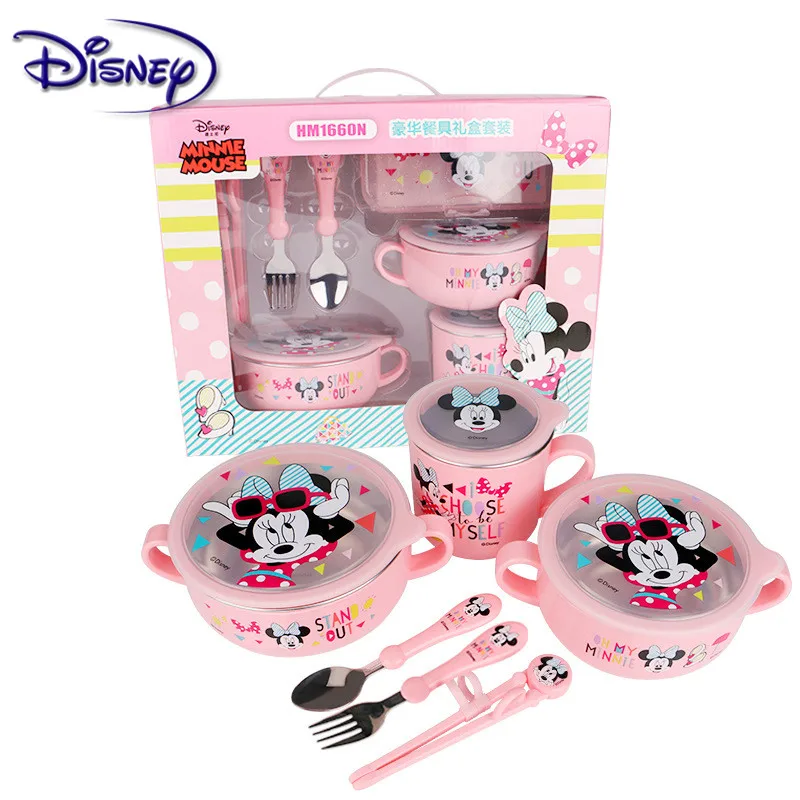 

Disney 6-piece stainless steel tableware cartoon Mickey print seven-piece baby food supplement plate cup spoon fork set