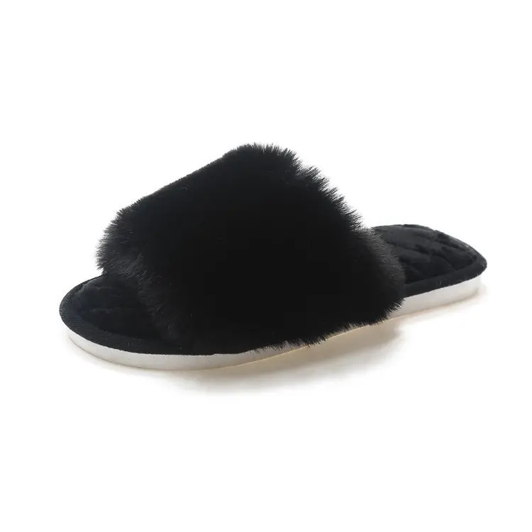 

Warm Fluffy Slippers Women Cozy Faux Fur Cross Indoor Floor Slides Flat Soft Furry Shoes Ladies Female Celebrities Flip Flops